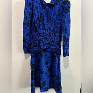 VTG Flora Kung 100% Silk Puff Sleeve Midi Dress Floral Blue & Black Size 4